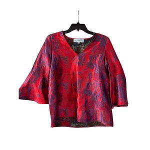 Tuckernuck Size XS Red Purple Raspberry Jacquard Blouse Top 3/4 Bell Sleeves